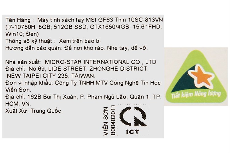 Laptop MSI Gaming GF63 Thin 10SC i7 10750H/8GB/512GB/4GB GTX1650 Max-Q/Win10 (813VN) Màu Đen