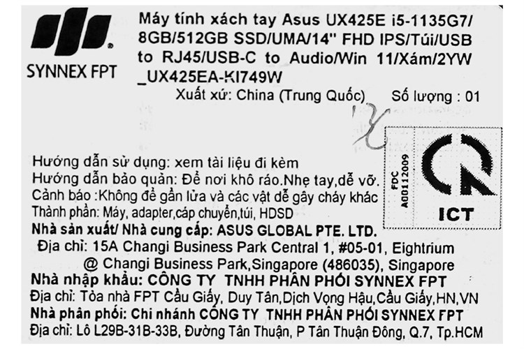 Laptop Asus ZenBook UX425E i5 1135G7/8GB/512GB/Cáp/Túi/Win11 (KI749W) Màu Xám