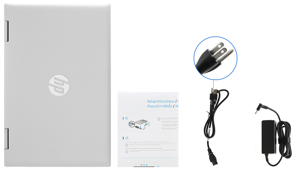 Bộ sản phẩm gồm: Dây nguồn, Sách hướng dẫn, Thùng máy, Sạc Laptop HP