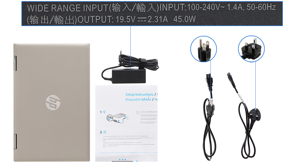 Bộ sản phẩm gồm: Dây nguồn, Sách hướng dẫn, Thùng máy, Sạc Laptop HP