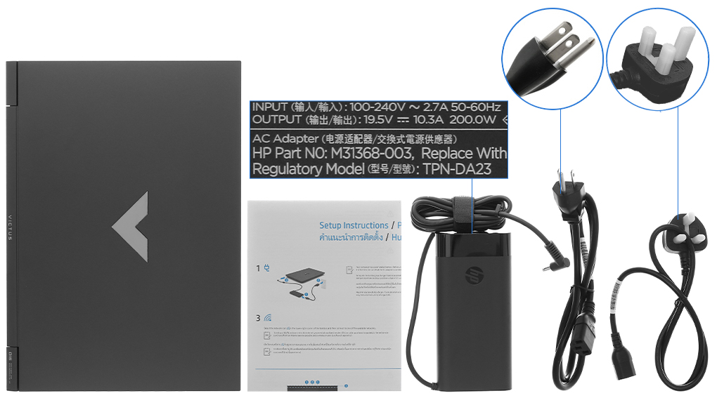 Bộ sản phẩm gồm: Dây nguồn, Sách hướng dẫn, Thùng máy, Sạc Laptop HP