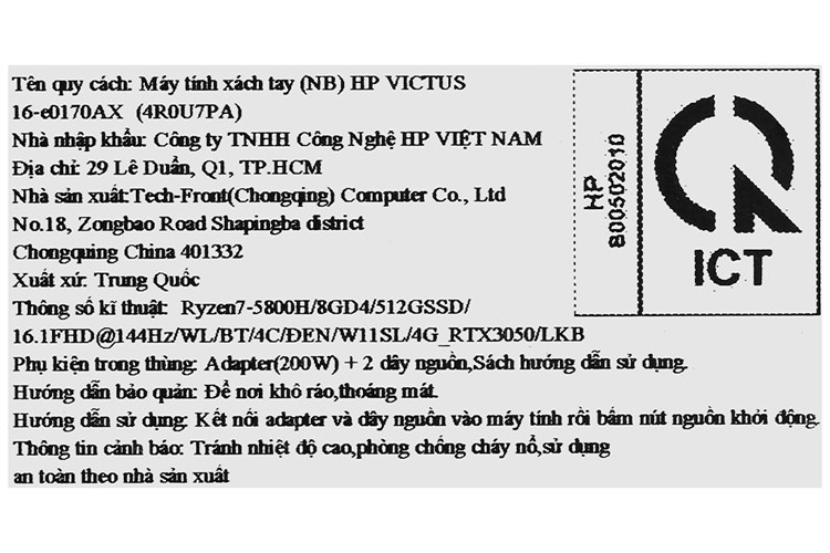 Laptop HP Gaming VICTUS 16 e0170AX R7 5800H/8GB/512GB/4GB RTX3050/144Hz/Win11 (4R0U7PA) Màu Đen