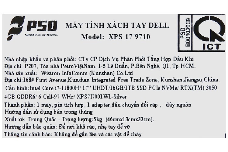 Laptop Dell XPS 17 9710 i7 11800H/16GB/1TB SSD/4GB RTX3050/Touch/Cáp/OfficeHS/Win11 (XPS7I7001W1) Màu Bạc