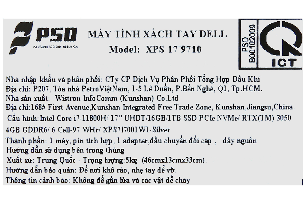 Laptop Dell XPS 17 9710 i7 11800H/16GB/1TB SSD/4GB RTX3050/Touch/Cáp/OfficeHS/Win11 (XPS7I7001W1) Màu Bạc