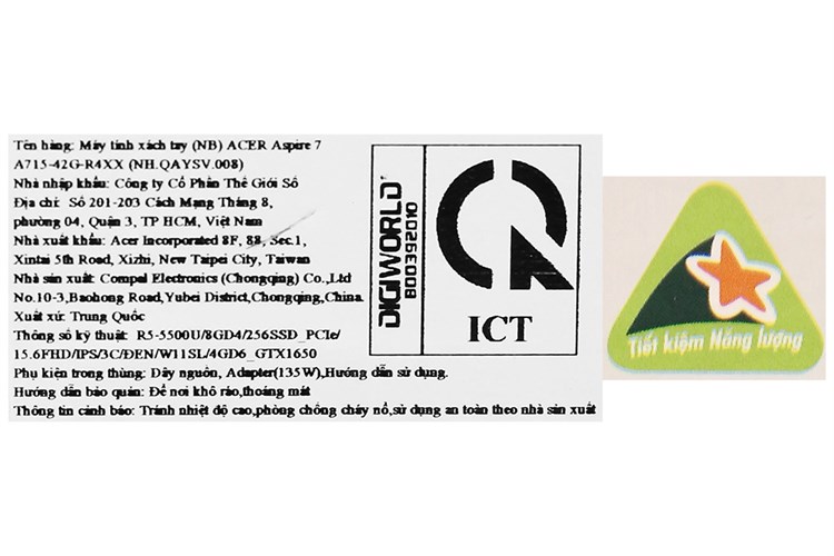 Laptop Acer Aspire 7 Gaming A715 42G R4XX R5 5500U/8GB/256GB/4GB GTX1650/Win11 (NH.QAYSV.008) Màu Đen