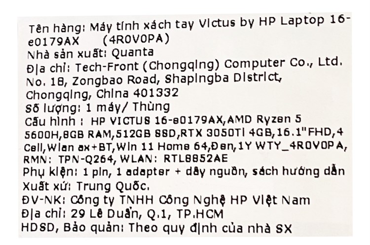 Laptop HP Gaming VICTUS 16 e0179AX R5 5600H/8GB/512GB/4GB RTX3050Ti/144Hz/Win11 (4R0V0PA) Màu Đen