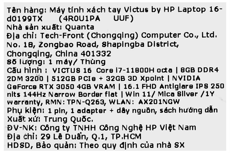 Laptop HP Gaming VICTUS 16 d0199TX i7 11800H/8GB/32GB+512GB/4GB RTX3050/144Hz/Win11 (4R0U1PA) Màu Đen