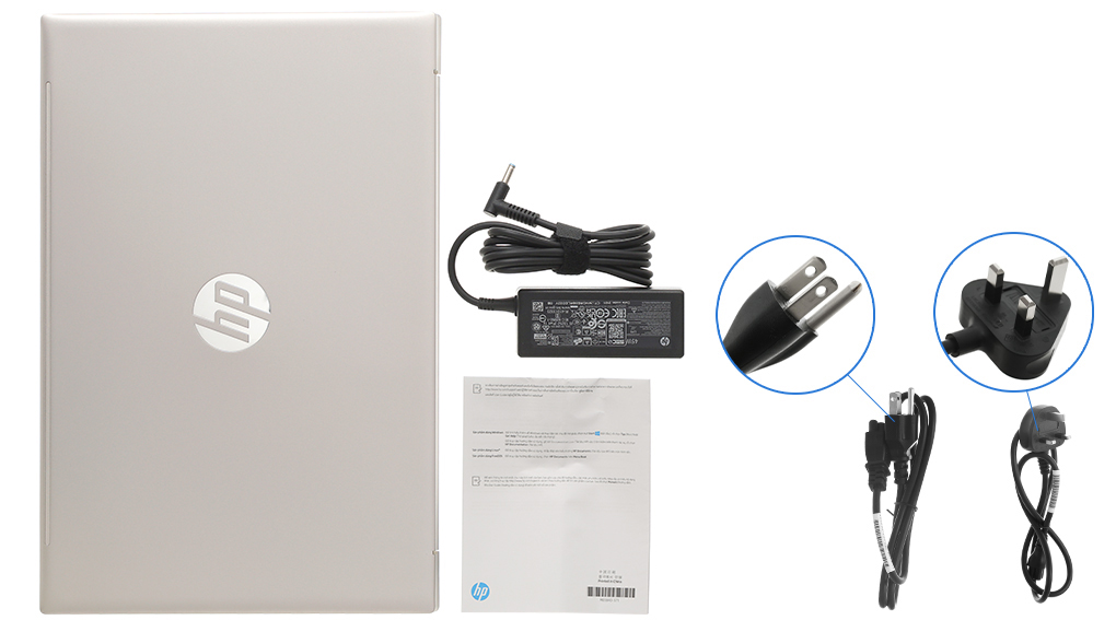 Bộ sản phẩm gồm: Dây nguồn, Sách hướng dẫn, Thùng máy, Sạc Laptop HP