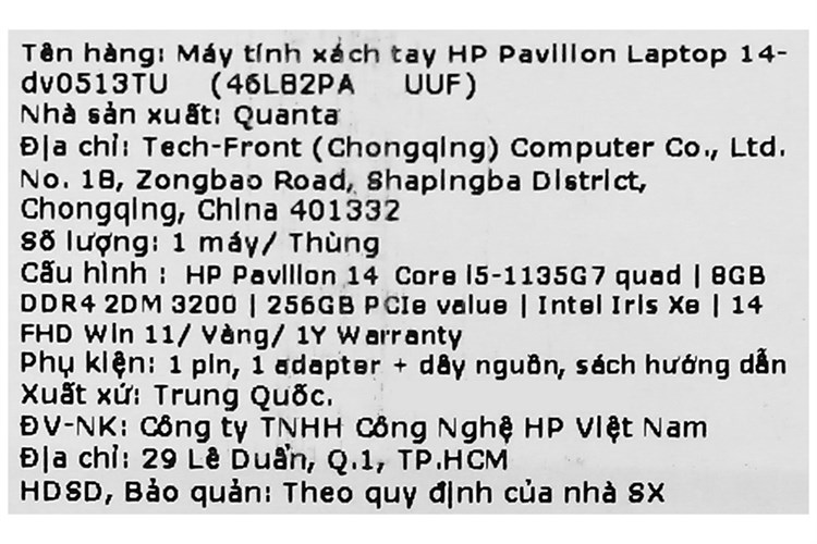 Laptop HP Pavilion 14 dv0513TU i5 1135G7/8GB/256GB/Win11 (46L82PA) Màu Vàng