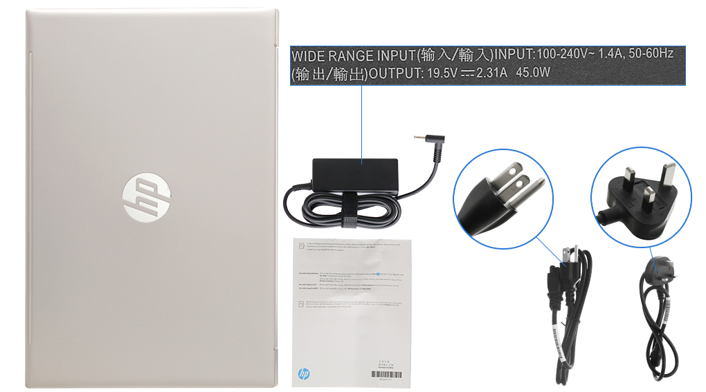Bộ sản phẩm gồm: Dây nguồn, Sách hướng dẫn, Thùng máy, Sạc Laptop HP