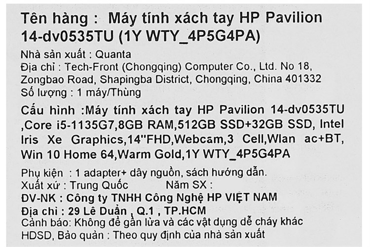 Laptop HP Pavilion 14 dv0535TU i5 1135G7/8GB/32GB+512GB/Win11 (4P5G4PA) Màu Vàng