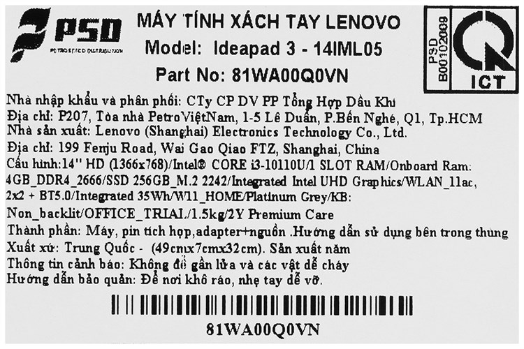 Laptop Lenovo Ideapad 3 14IML05 i3 10110U/4GB/256GB/Win11 (81WA00Q0VN) Màu Xám