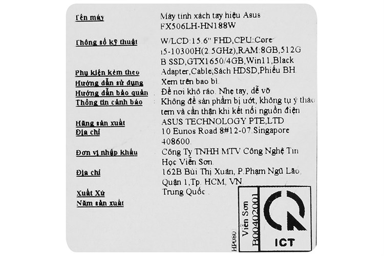 Laptop Asus TUF Gaming FX506LH i5 10300H/8GB/512GB/4GB GTX1650/144Hz/Win11 (HN188W) Màu Đen