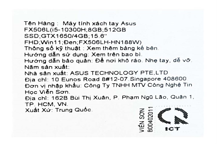 Laptop Asus TUF Gaming FX506LH i5 10300H/8GB/512GB/4GB GTX1650/144Hz/Win11 (HN188W) Màu Đen