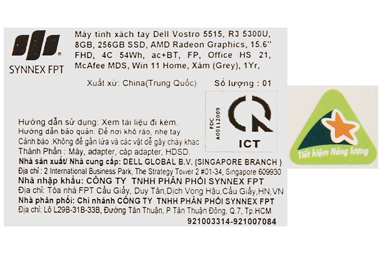 Laptop Dell Vostro 5515 R3 5300U/8GB/256GB/Office H&S/Win11 (70270649) Màu Xám