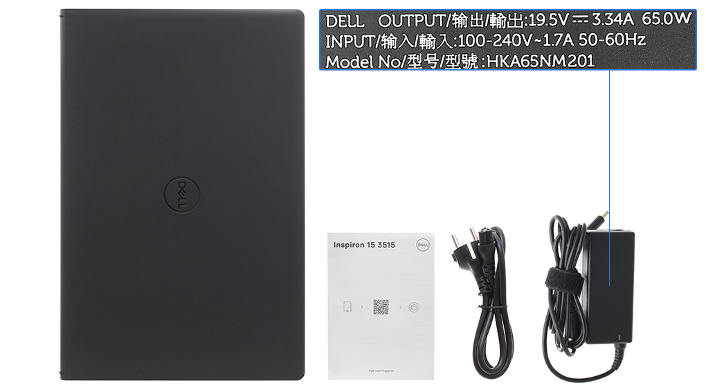 Bộ sản phẩm gồm: Dây nguồn, Sách hướng dẫn, Thùng máy, Sạc Laptop Dell