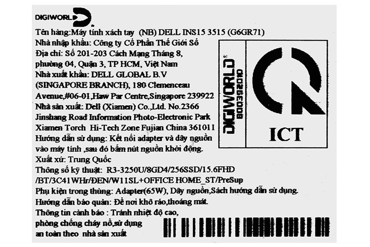 Laptop Dell Inspiron 15 3515 R3 3250U/8GB/256GB/Office H&S/Win11 (G6GR71) Màu Đen