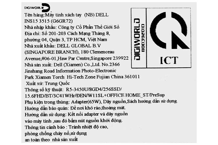 Laptop Dell Inspiron 15 3515 R5 3450U/8GB/256GB/Office H&S/Win11 (G6GR72) Màu Đen