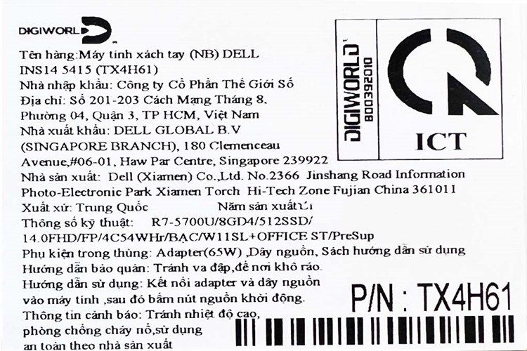 Laptop Dell Inspiron 14 5415 R7 5700U/8GB/512GB/Office H&S/Win11 (TX4H61) Màu Bạc
