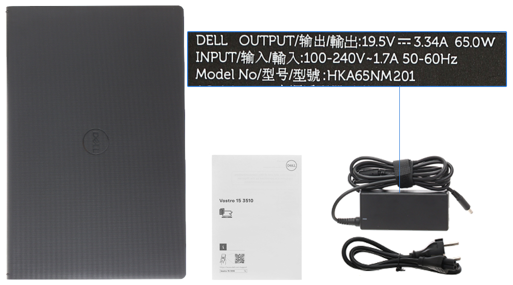 Bộ sản phẩm gồm: Dây nguồn, Sách hướng dẫn, Thùng máy, Sạc Laptop Dell