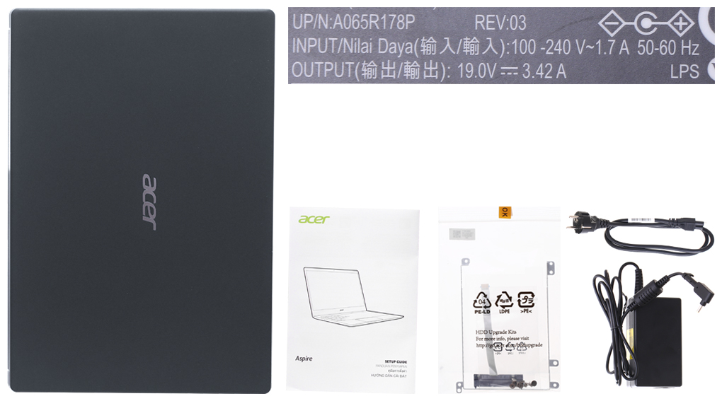Bộ sản phẩm gồm: Dây nguồn, Sách hướng dẫn, Thùng máy, Sạc Laptop Acer, Cáp ( KIT nâng cấp HDD )