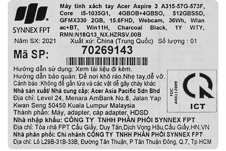 Laptop Acer Aspire 3 A315 57G 573F i5 1035G1/8GB/512GB/2GB MX330/Win11 (NX.HZRSV.00B) Màu Đen