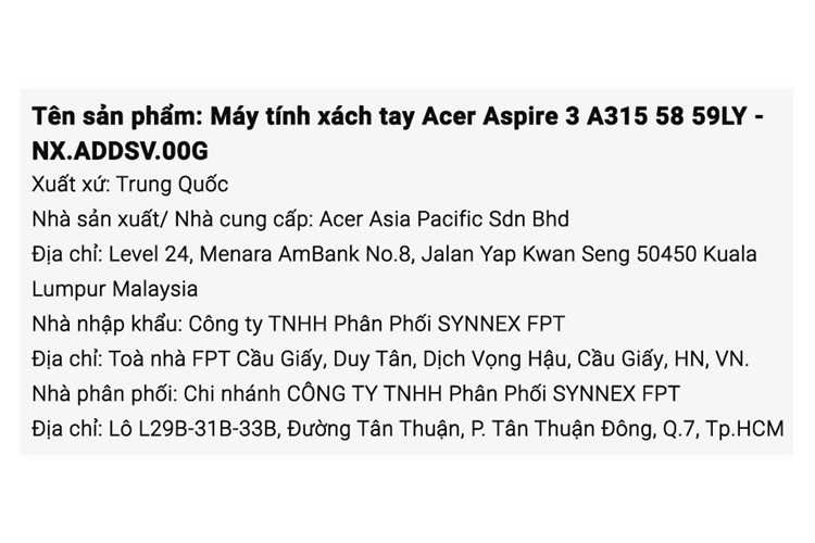 Laptop Acer Aspire 3 A315 58 59LY i5 1135G7/8GB/512GB/Win11 (NX.ADDSV.00G) Màu Bạc