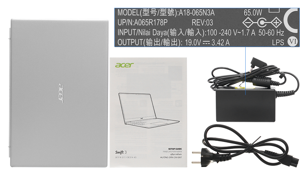 Bộ sản phẩm gồm: Dây nguồn, Sách hướng dẫn, Thùng máy, Sạc Laptop Acer