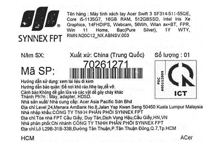 Laptop Acer Swift 3 SF314 511 55QE i5 1135G7/16GB/512GB/Win11 (NX.ABNSV.003) Màu Bạc