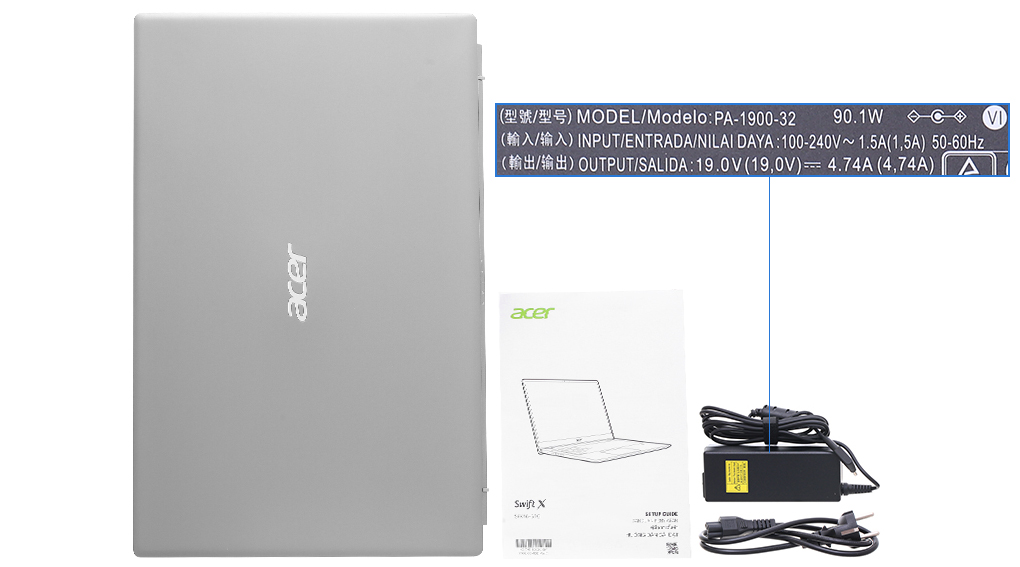 Bộ sản phẩm gồm: Dây nguồn, Sách hướng dẫn, Thùng máy, Sạc Laptop Acer