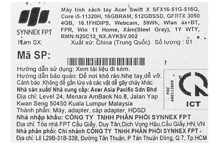 Laptop Acer Swift X SFX16 51G 516Q i5 11320H/16GB/512GB/4GB RTX3050/Win11 (NX.AYKSV.002) Màu Xám