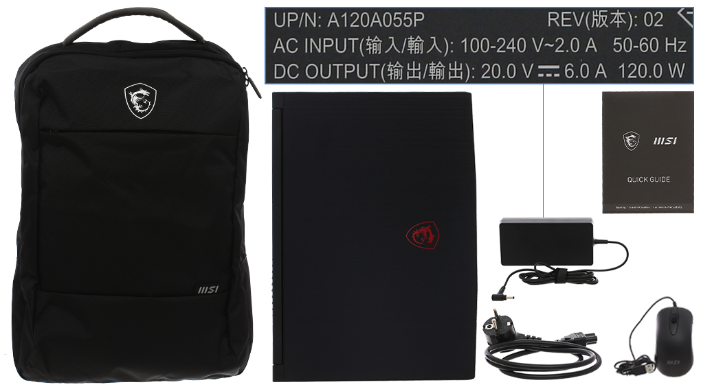 Bộ sản phẩm gồm: Dây nguồn, Sách hướng dẫn, Thùng máy, Sạc Laptop MSI, Balo ( Trong thùng máy ), Chuột ( Trong thùng máy )