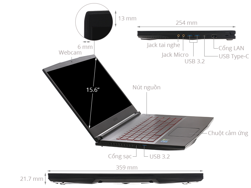 Laptop MSI Gaming GF63 Thin 11UC i5 11400H/8GB/512GB/4GB RTX3050/Balo/Chuột/Win10 (445VN)