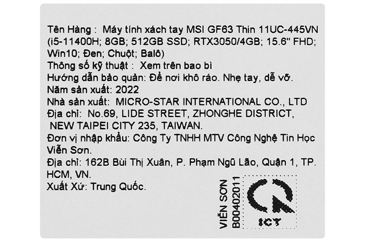 Laptop MSI Gaming GF63 Thin 11UC i5 11400H/8GB/512GB/4GB RTX3050/Balo/Chuột/Win10 (445VN) Màu Đen
