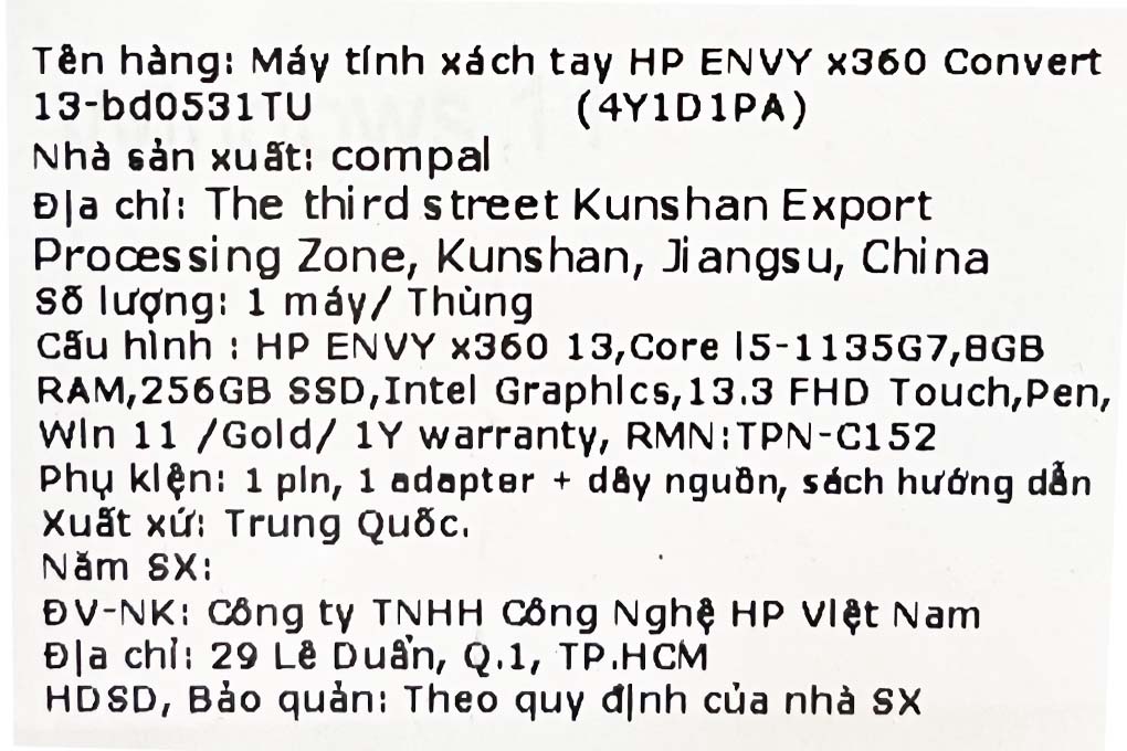 Laptop HP Envy x360 13 bd0531TU i5 1135G7/8GB/256GB/Touch/Pen/Win11 (4Y1D1PA) Màu Vàng