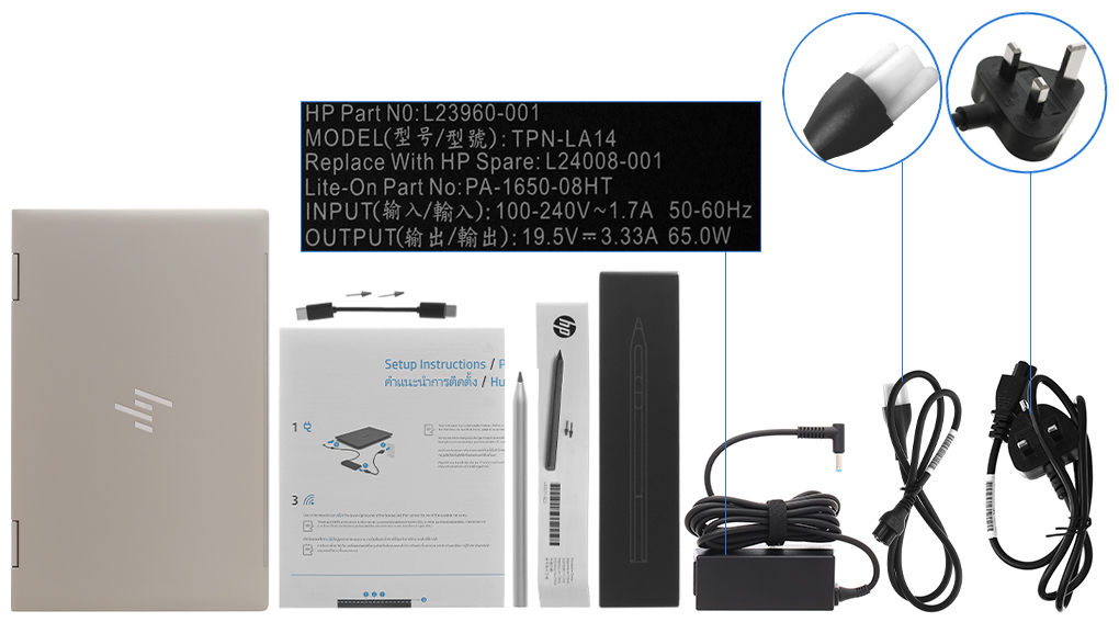 Bộ sản phẩm gồm: Dây nguồn ( 2 dây ) , Sách hướng dẫn, Bút cảm ứng, Thùng máy, Sạc Laptop HP