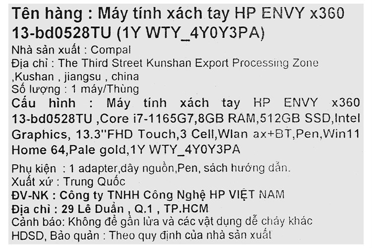 Laptop HP Envy x360 13 bd0528TU i7 1165G7/8GB/512GB/Touch/Pen/Win11 (4Y0Y3PA) Màu Vàng