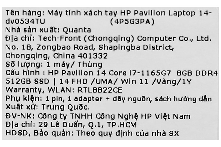 Laptop HP Pavilion 14 dv0534TU i7 1165G7/8GB/512GB/Win11 (4P5G3PA) Màu Vàng