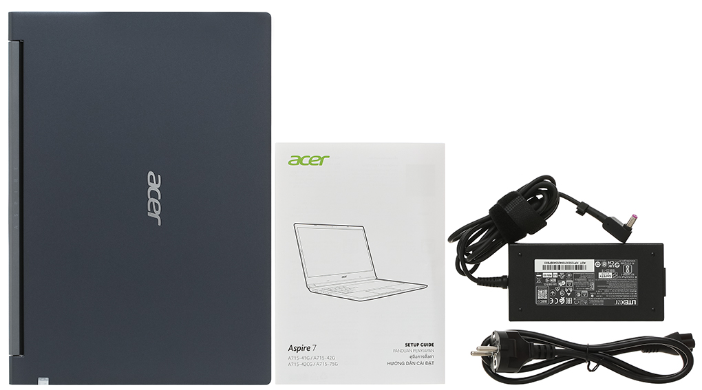 Bộ sản phẩm gồm: Sách hướng dẫn, Dây nguồn, Sạc Laptop Acer, Thùng máy