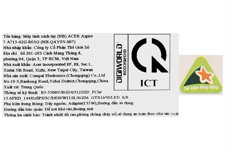 Laptop Acer Aspire 7 Gaming A715 42G R05G R5 5500U/8GB/512GB/4GB GTX1650/144Hz/Win11 (NH.QAYSV.007) Màu Đen