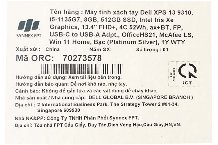 Laptop Dell XPS 13 9310 i5 1135G7/8GB/512GB/Cáp/Office H&S/Win11 (70273578) Màu Bạc