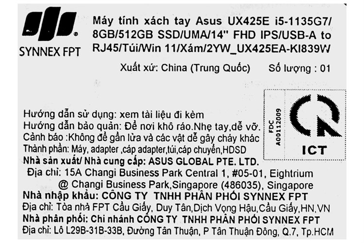 Laptop Asus ZenBook UX425EA i5 1135G7/8GB/512GB/Cáp/Túi/Win11 (KI839W) Màu Xám