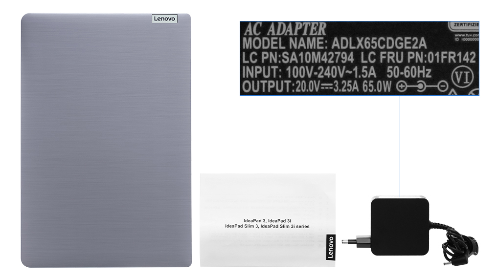 Bộ sản phẩm gồm: Dây nguồn, Sách hướng dẫn, Thùng máy, Sạc Laptop Lenovo