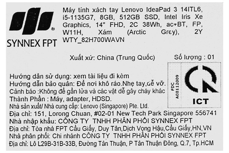 Laptop Lenovo IdeaPad 3 14ITL6 i5 1135G7/8GB/512GB/Win11 (82H700WAVN) Màu Xám