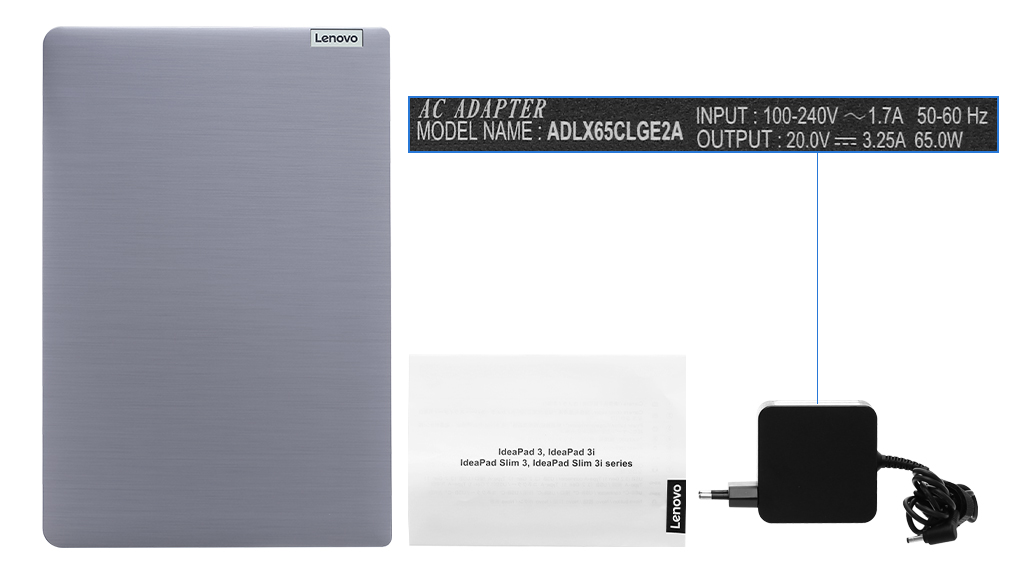 Bộ sản phẩm gồm: Dây nguồn, Sách hướng dẫn, Thùng máy, Sạc Laptop Lenovo