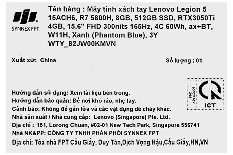 Laptop Lenovo Gaming Legion 5 15ACH6 R7 5800H/8GB/512GB/4GB RTX3050Ti/165Hz/Win11 (82JW00KMVN) Màu Xanh
