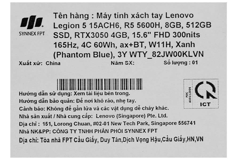 Laptop Lenovo Gaming Legion 5 15ACH6 R5 5600H/8GB/512GB/4GB RTX3050/165Hz/Win11 (82JW00KLVN) Màu Xanh