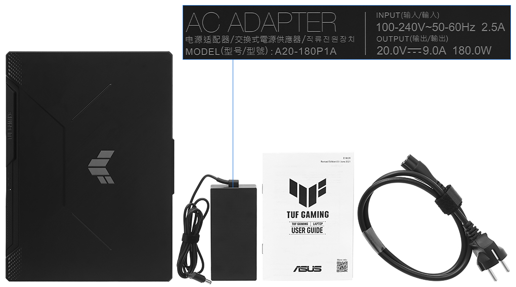 Bộ sản phẩm gồm: Dây nguồn, Sách hướng dẫn, Thùng máy, Sạc Laptop Asus