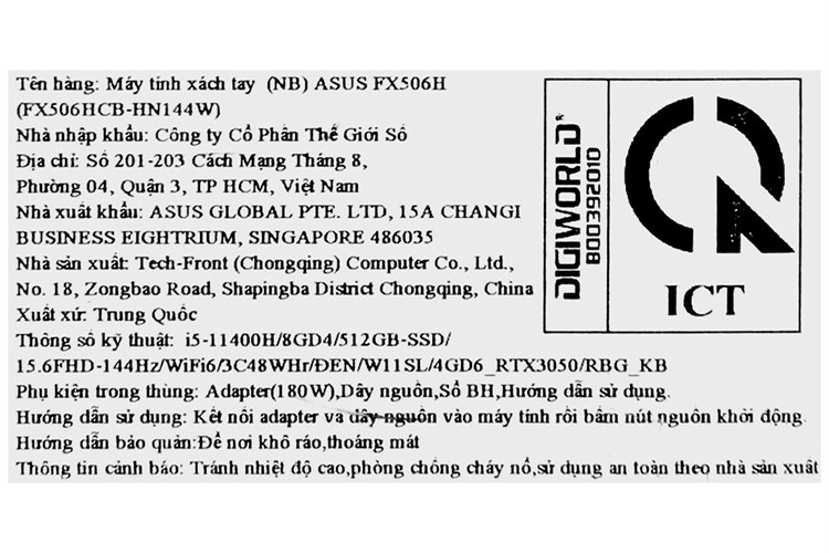 Laptop Asus TUF Gaming FX506HCB i5 11400H/8GB/512GB/4GB RTX3050/144Hz/Win11 (HN144W) Màu Đen