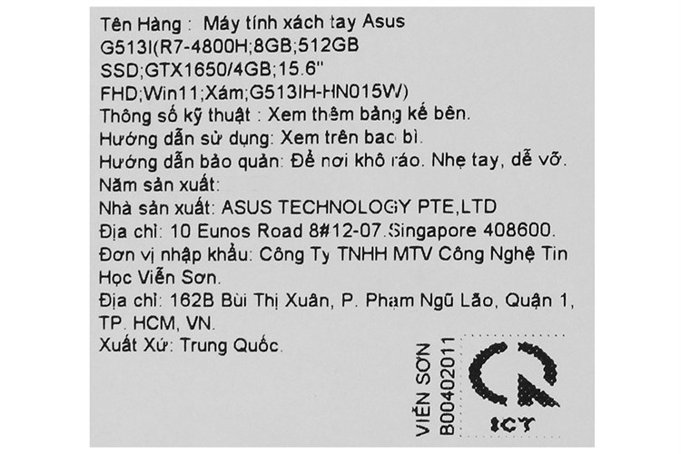 Laptop Asus Gaming ROG Strix G15 G513IH R7 4800H/8GB/512GB/4GB GTX1650/144Hz/Win11 (HN015W) Màu Xám